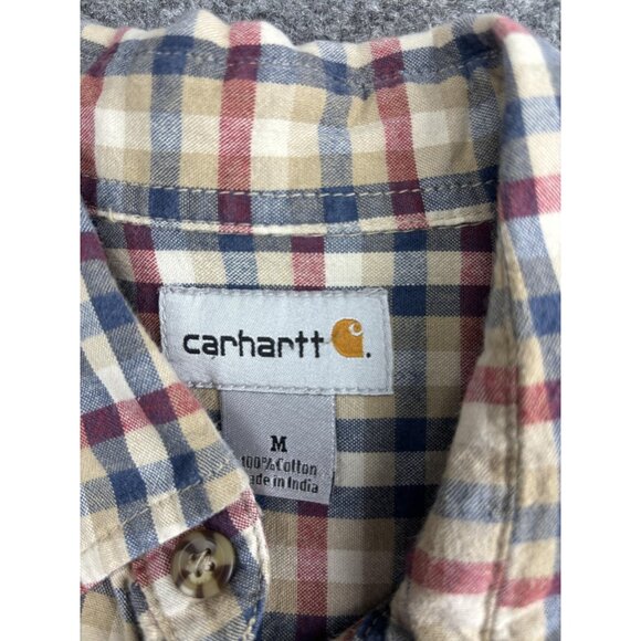 Carhartt Shirt Mens Medium Plaid Short Sleeve Button Up Beige Red Blue Pockets - Picture 2 of 5